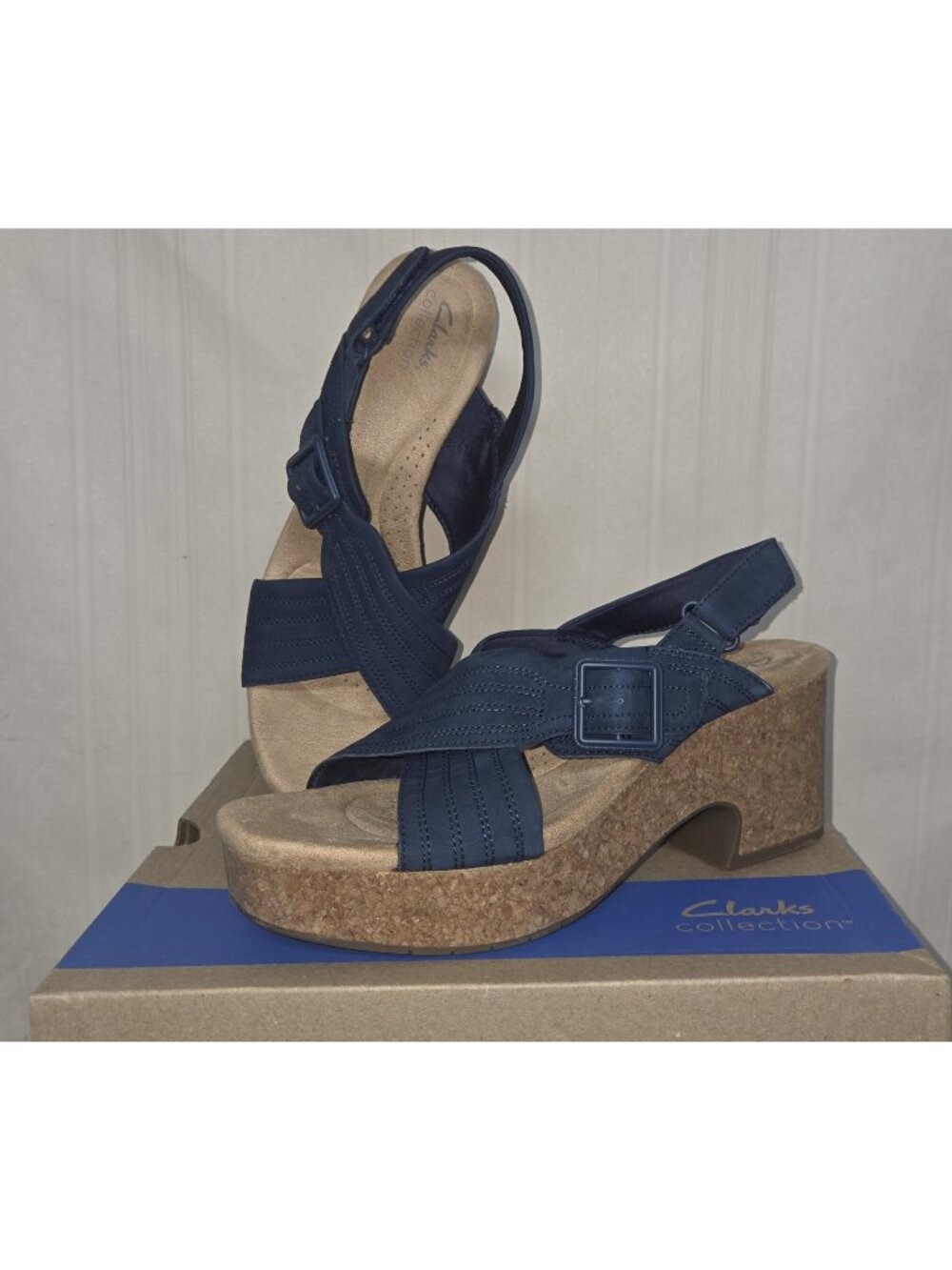 Clarks Collection NERISA WEST Slingback  Navy Nubuck Wedge Sandals US 9.5 NIB